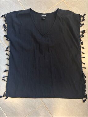 Black V-Neck Tassel Side Tunic Top - Unbranded